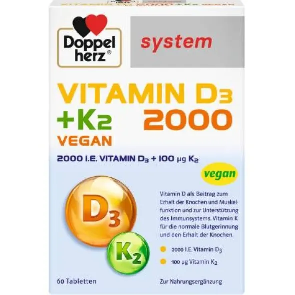 DOPPELHERZ Vitamin D3 2000+K2 system Tabletten 60 St