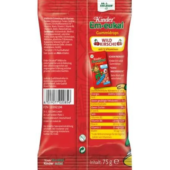 EM-EUKAL Kinder Gummidrops Wildkirsche zuckerhalt. 75 g